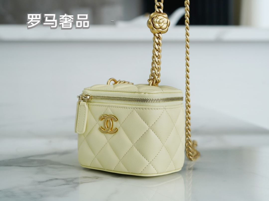 Small Quilted Vanity Bag with Gold Chain Strap - White Luxury Crossbody Case
