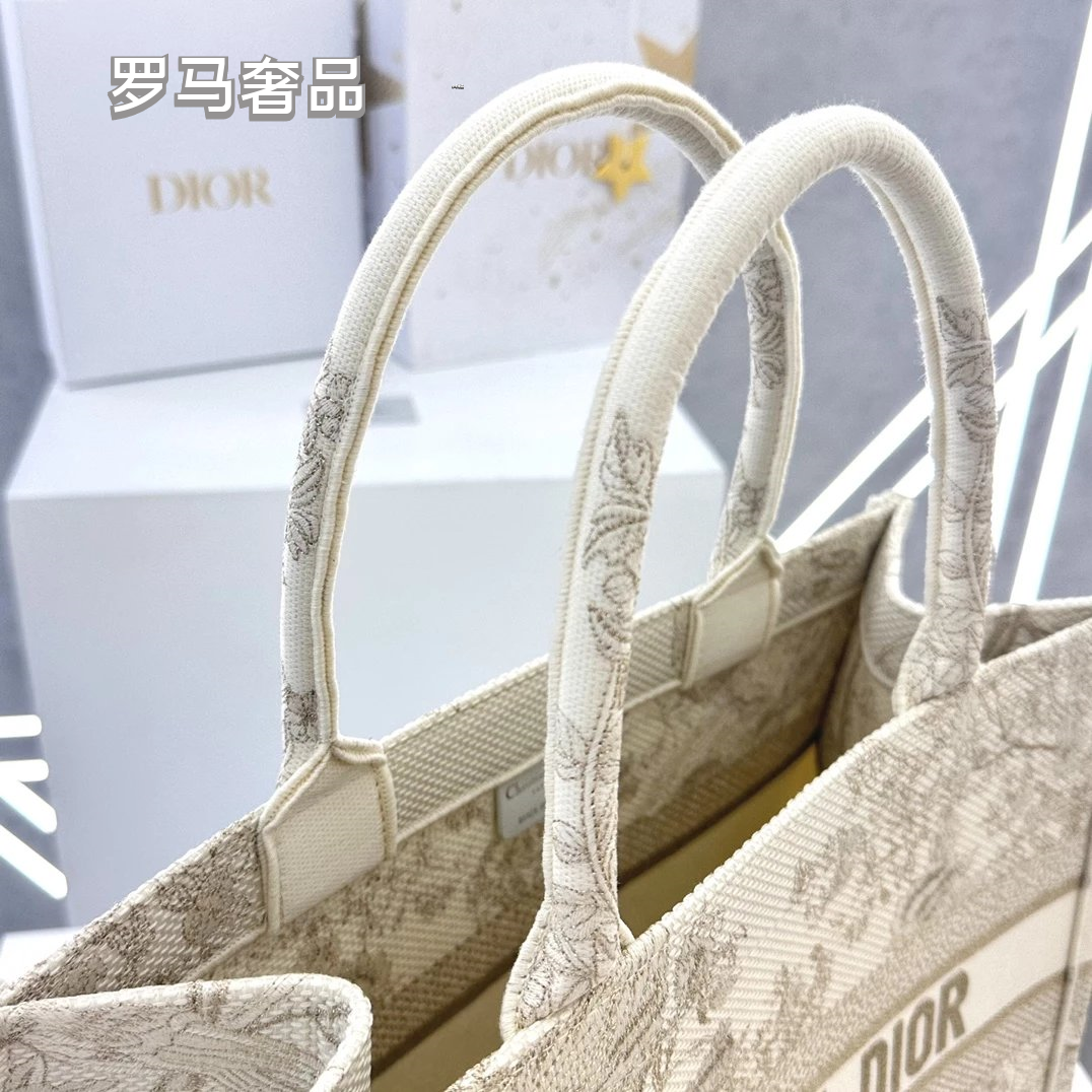 Christian Dior Book Tote Toile de Jouy Canvas Bag - Large Beige/Grey