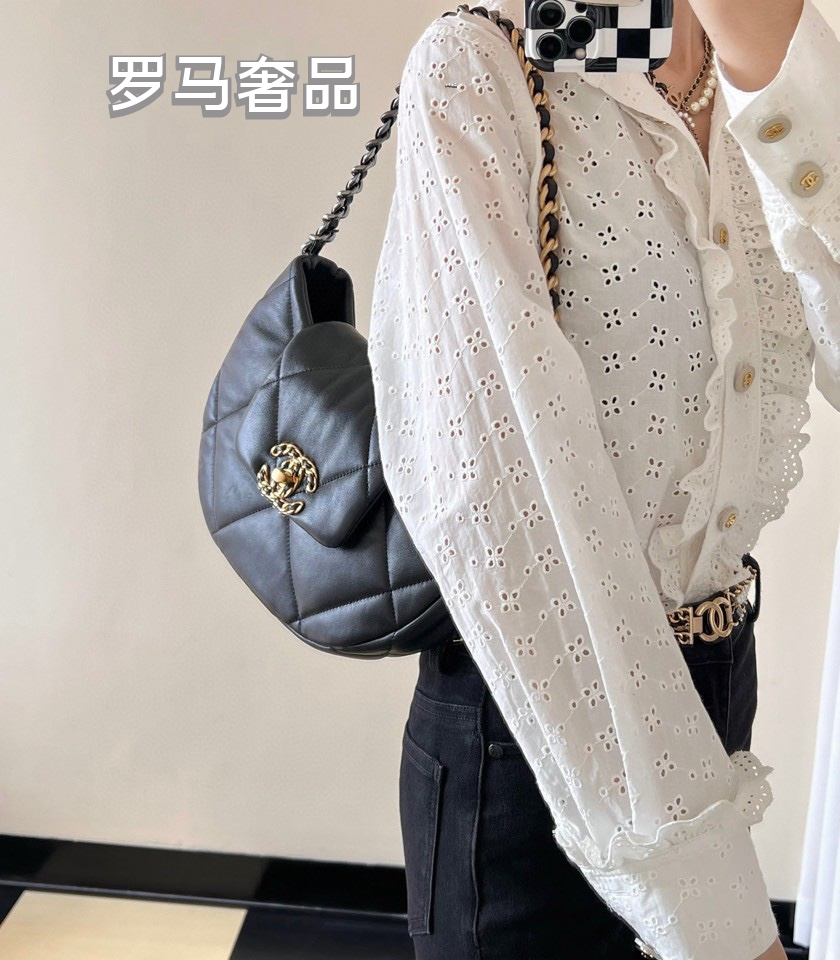 Chanel 19 Large Hobo Bag - Black Quilted Lambskin Leather with Gold-Tone Hardware