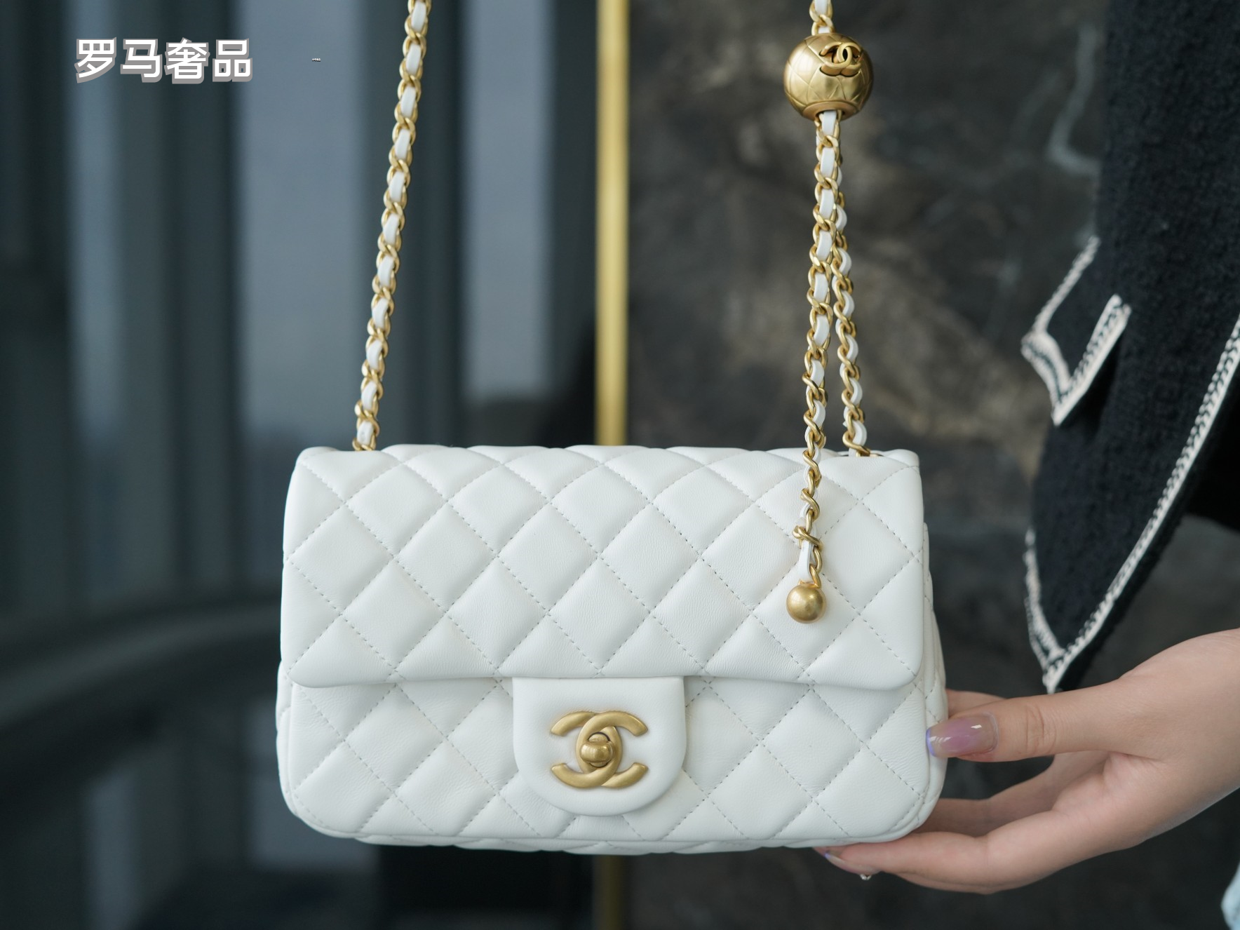 White Quilted Lambskin Mini Flap Bag with Gold-Tone Hardware