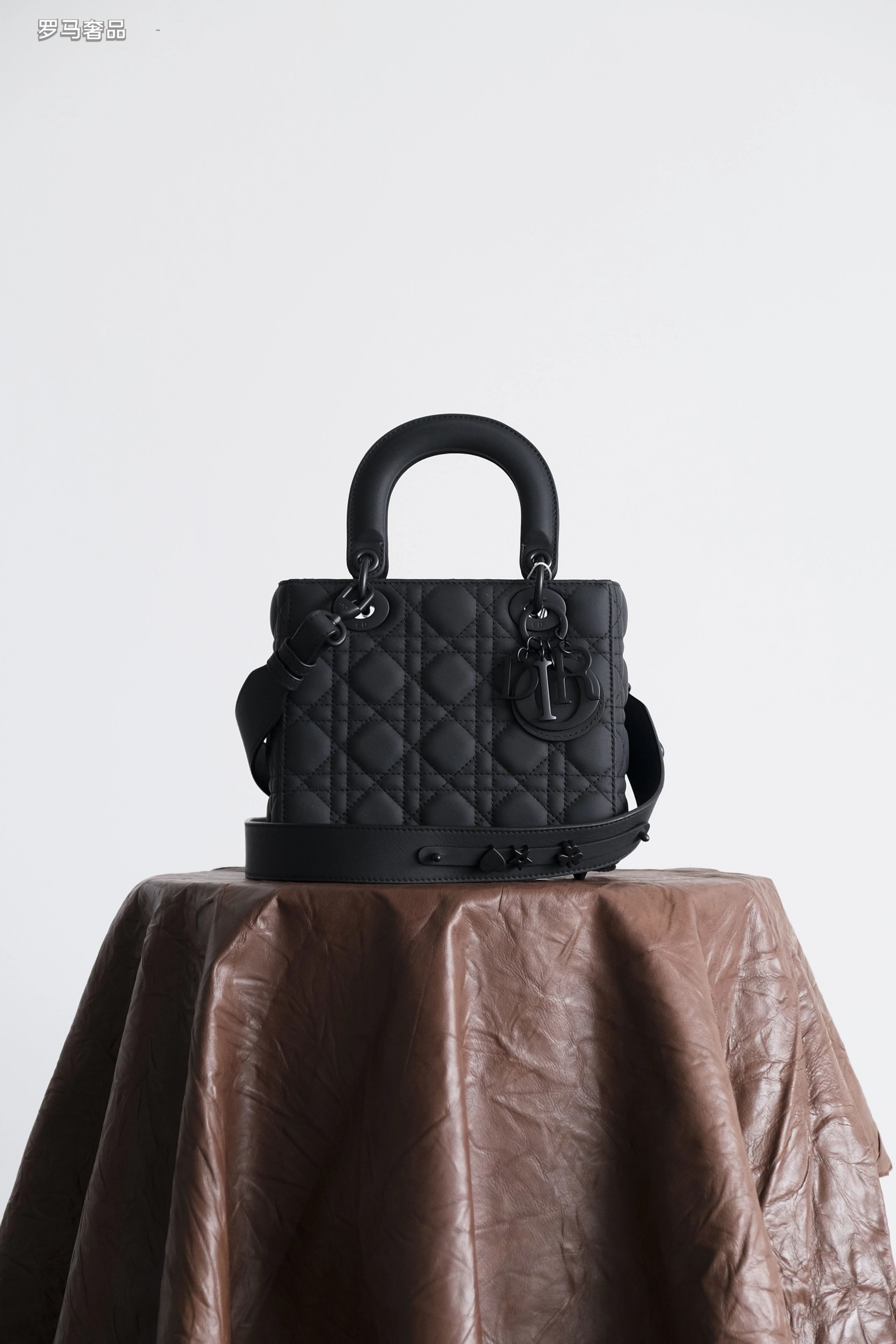 Lady Dior Style Ultra Matte Black Quilted Handbag with Shoulder Strap
