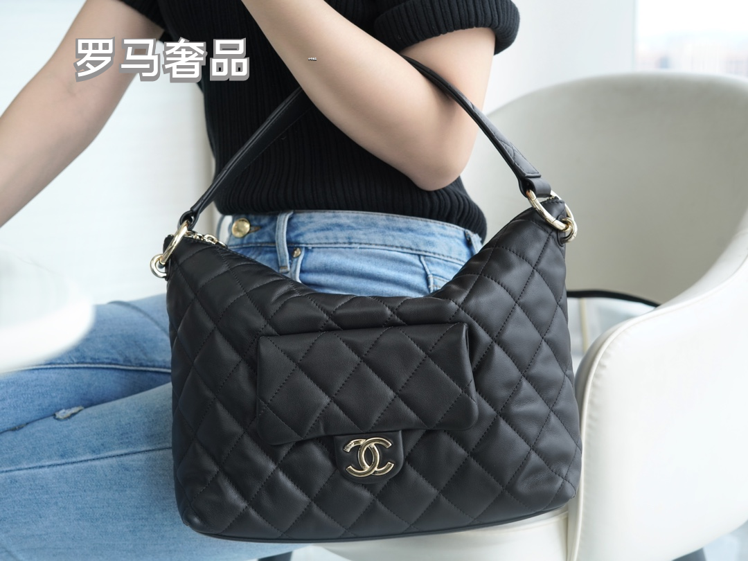 Chanel Black Quilted Lambskin Leather Hobo Bag with Front CC Logo Pocket