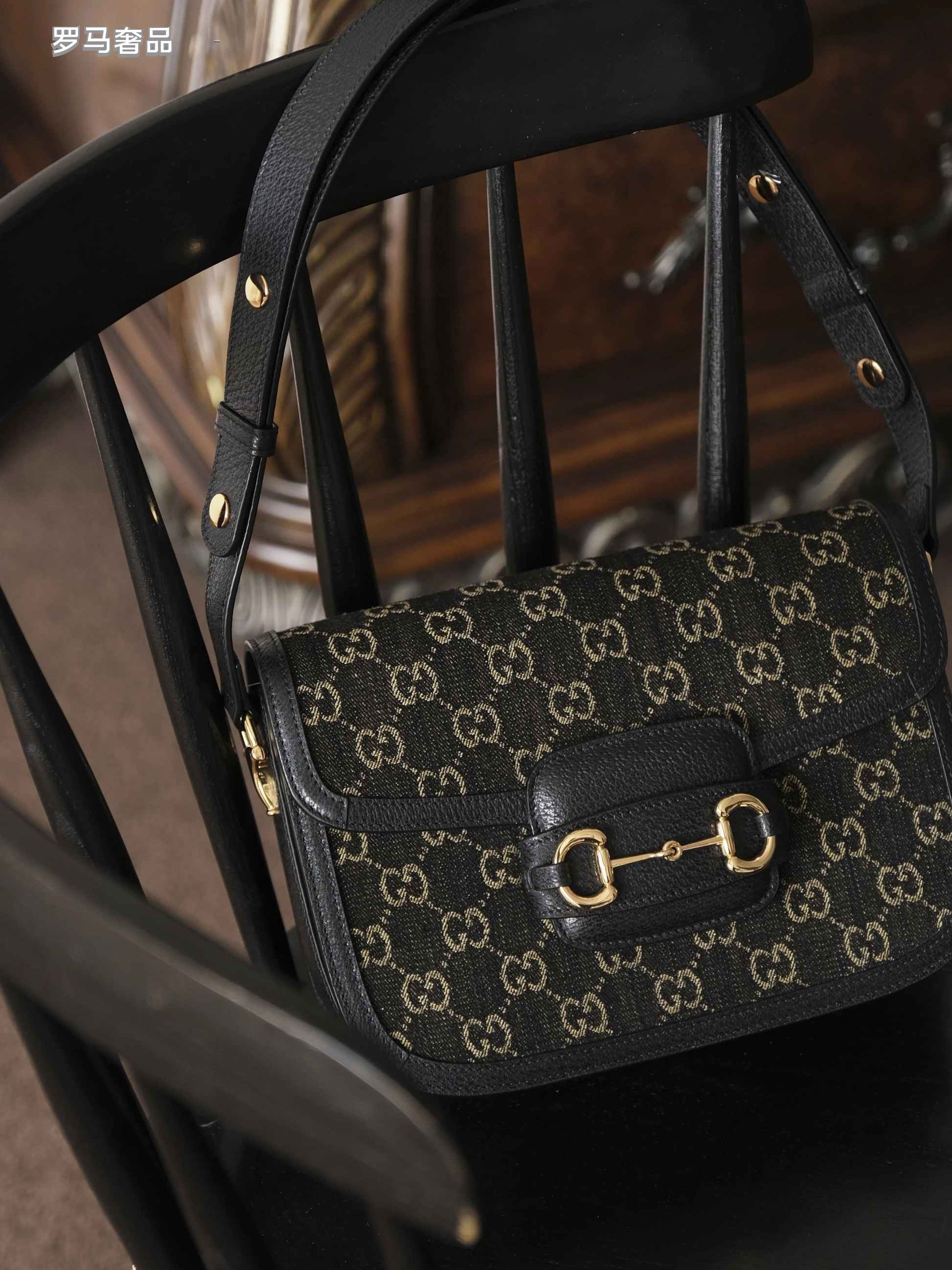 Gucci Vintage Monogram Canvas Shoulder Bag with Gold Horsebit Buckle