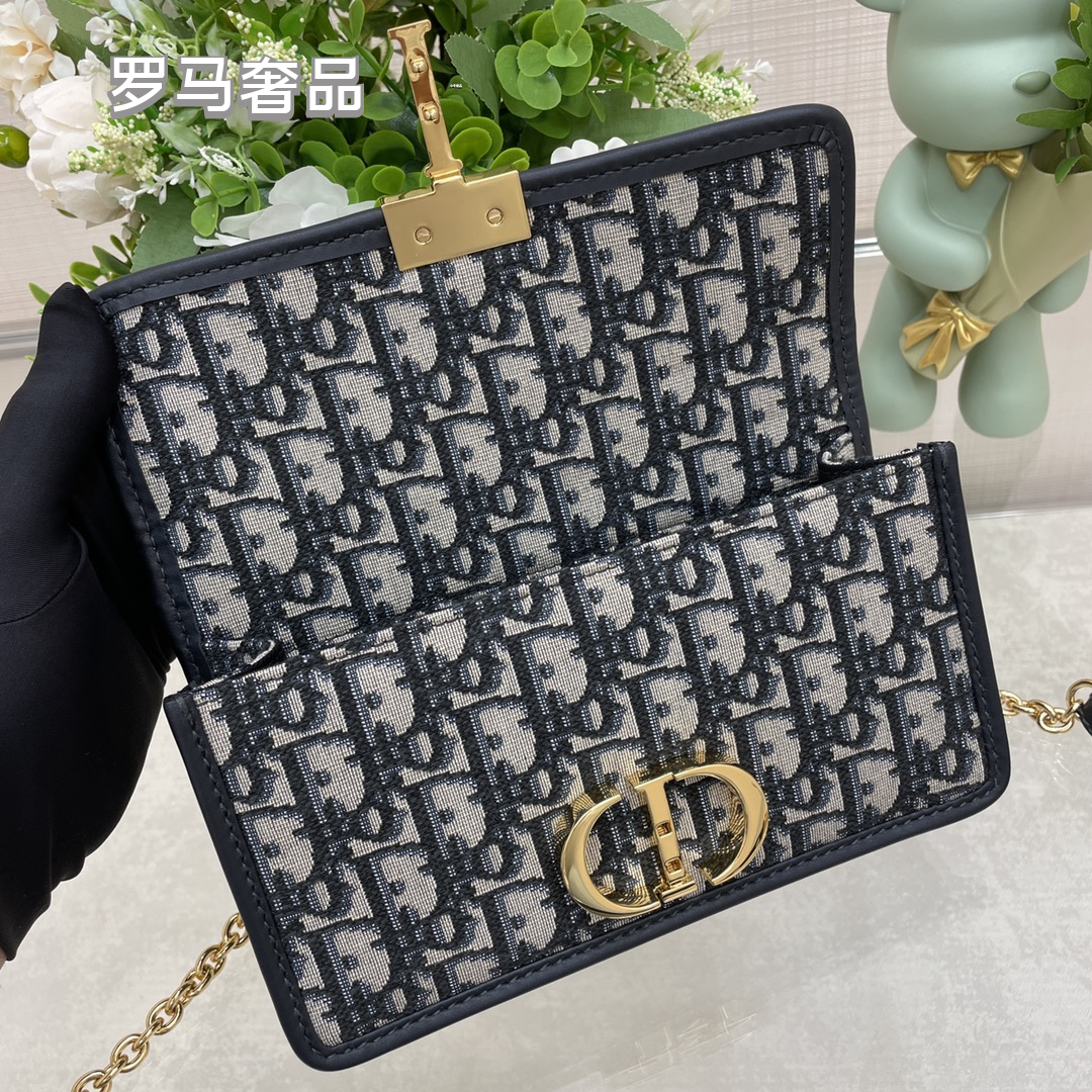Luxury Blue Oblique Canvas Shoulder Bag with Gold CD Clasp
