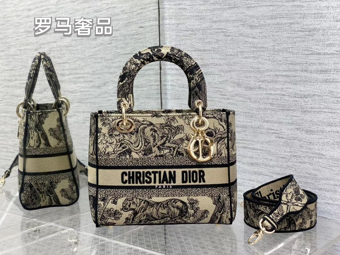 Christian Dior Lady D-Lite Medium Handbag - Grey Embroidered Toile de Jouy
