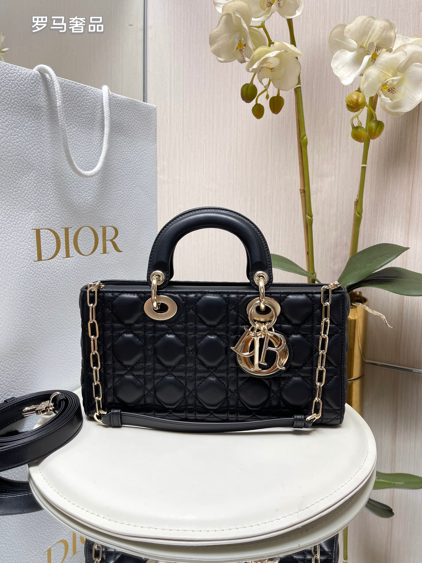 Christian Dior Lady D-Joy Bag - Black Cannage Lambskin with Gold-Finish Metal Charms