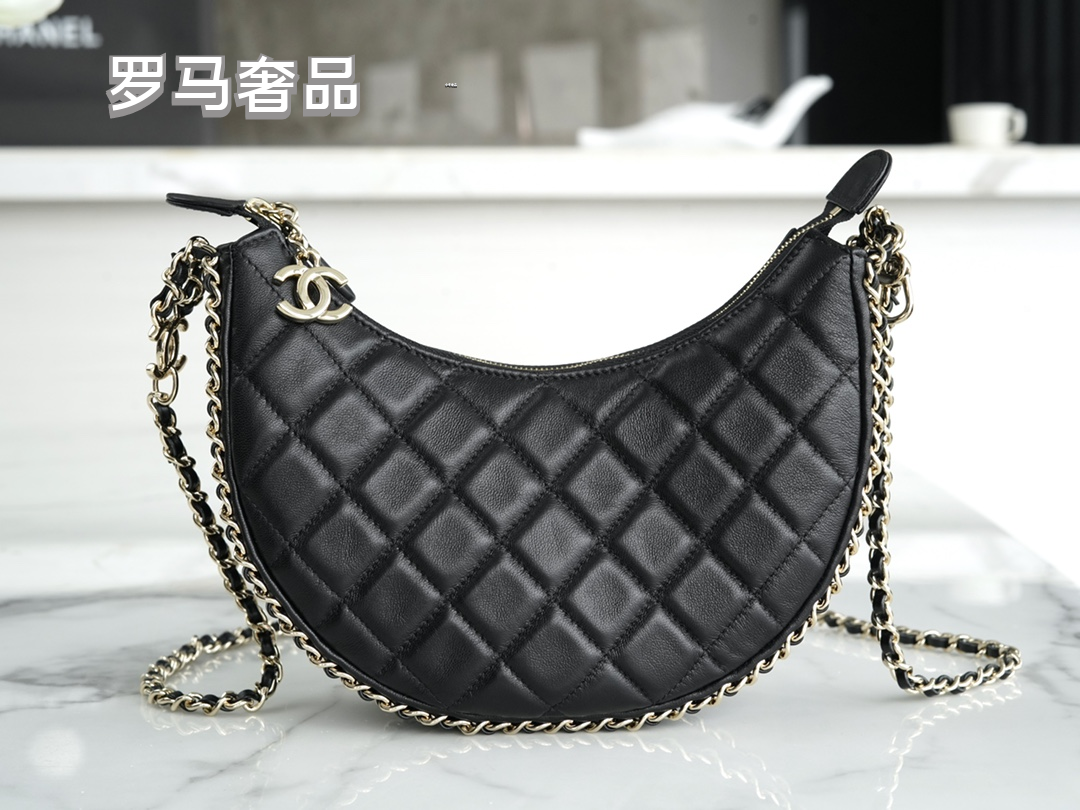 Luxury Black Quilted Leather Mini Hobo Bag with Gold-Tone Chain Strap