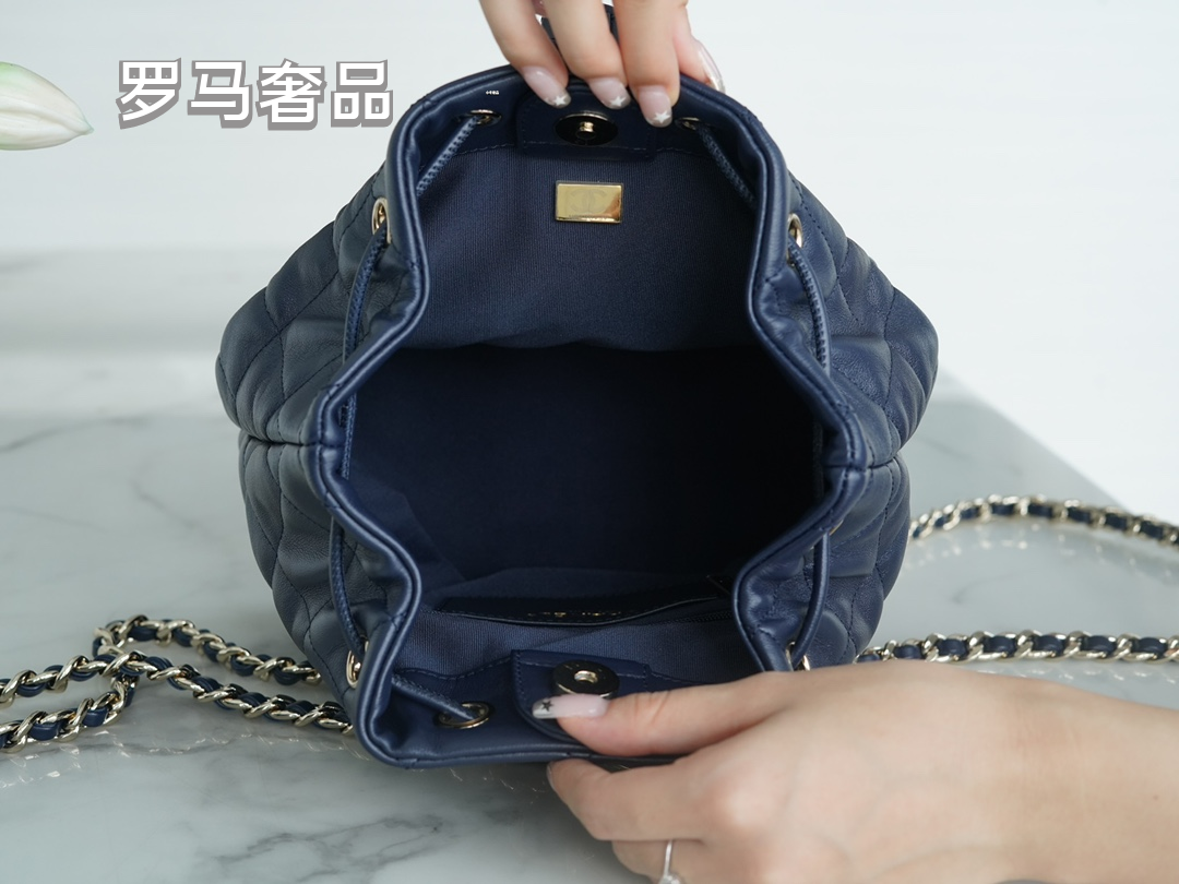 Chanel Navy Quilted Lambskin Leather Backpack with Silver-Tone Hardware