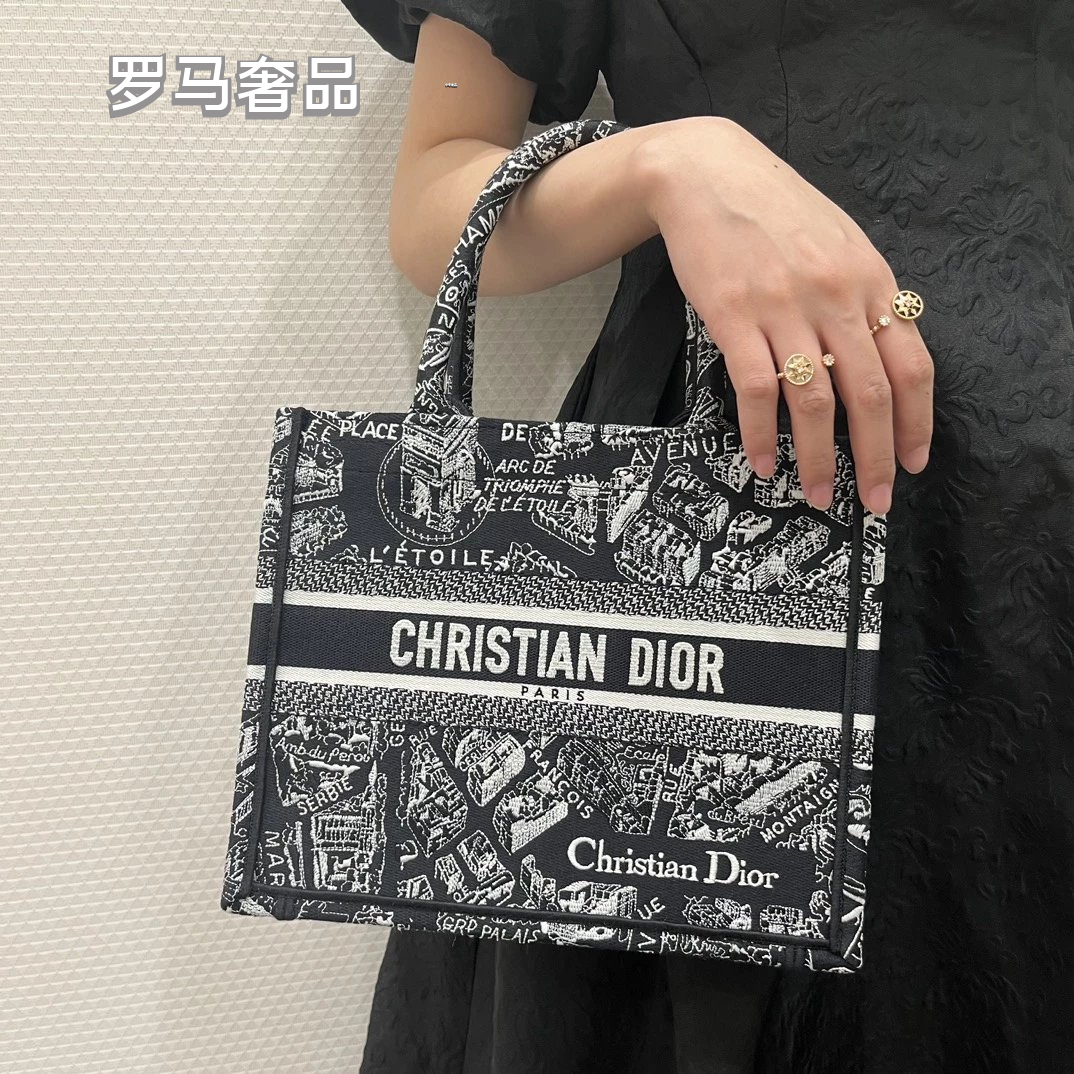 Christian Dior Plan de Paris Book Tote Bag - Black and White Embroidered Canvas