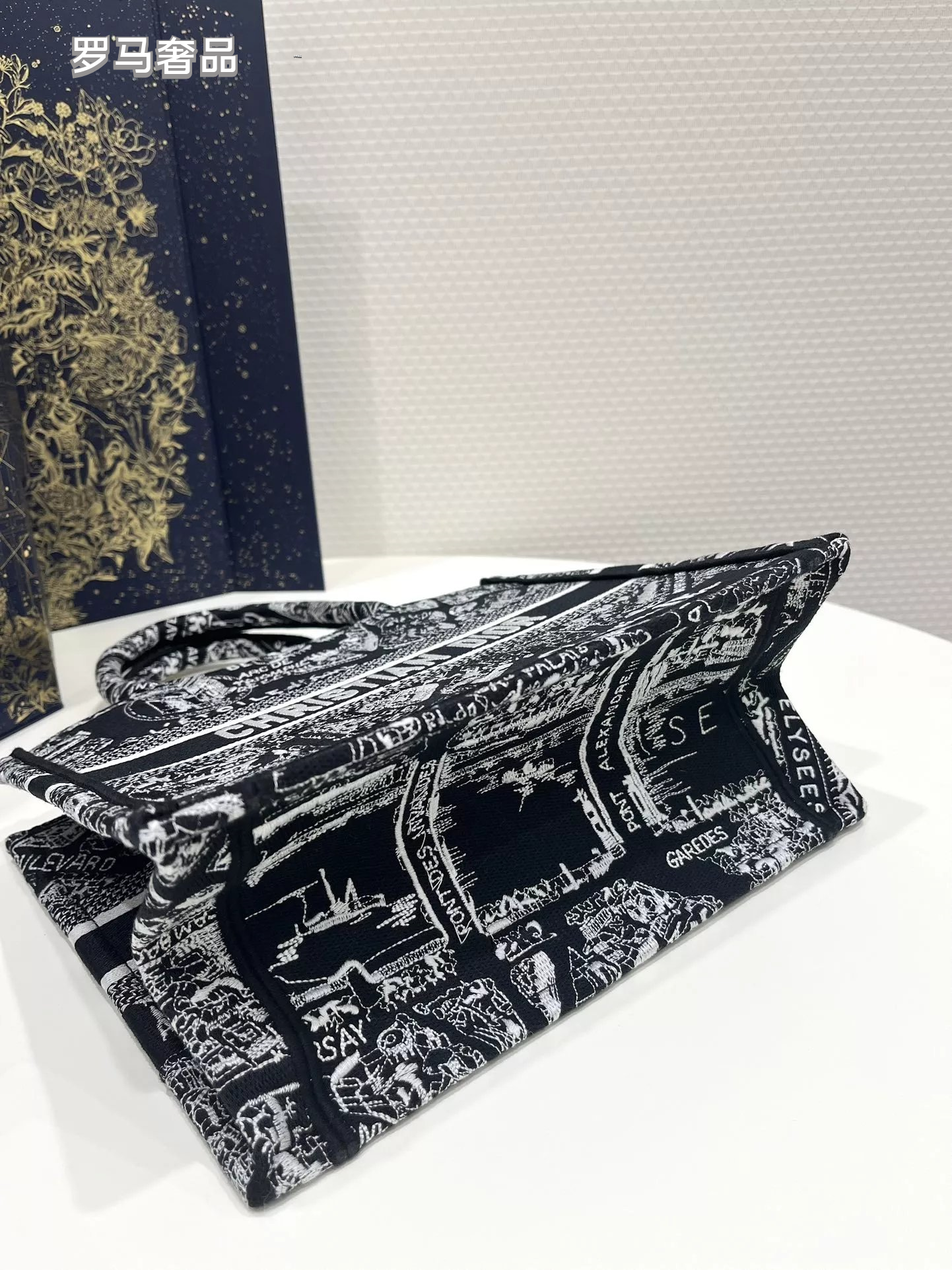 Christian Dior Plan de Paris Book Tote Bag - Black and White Embroidered Canvas