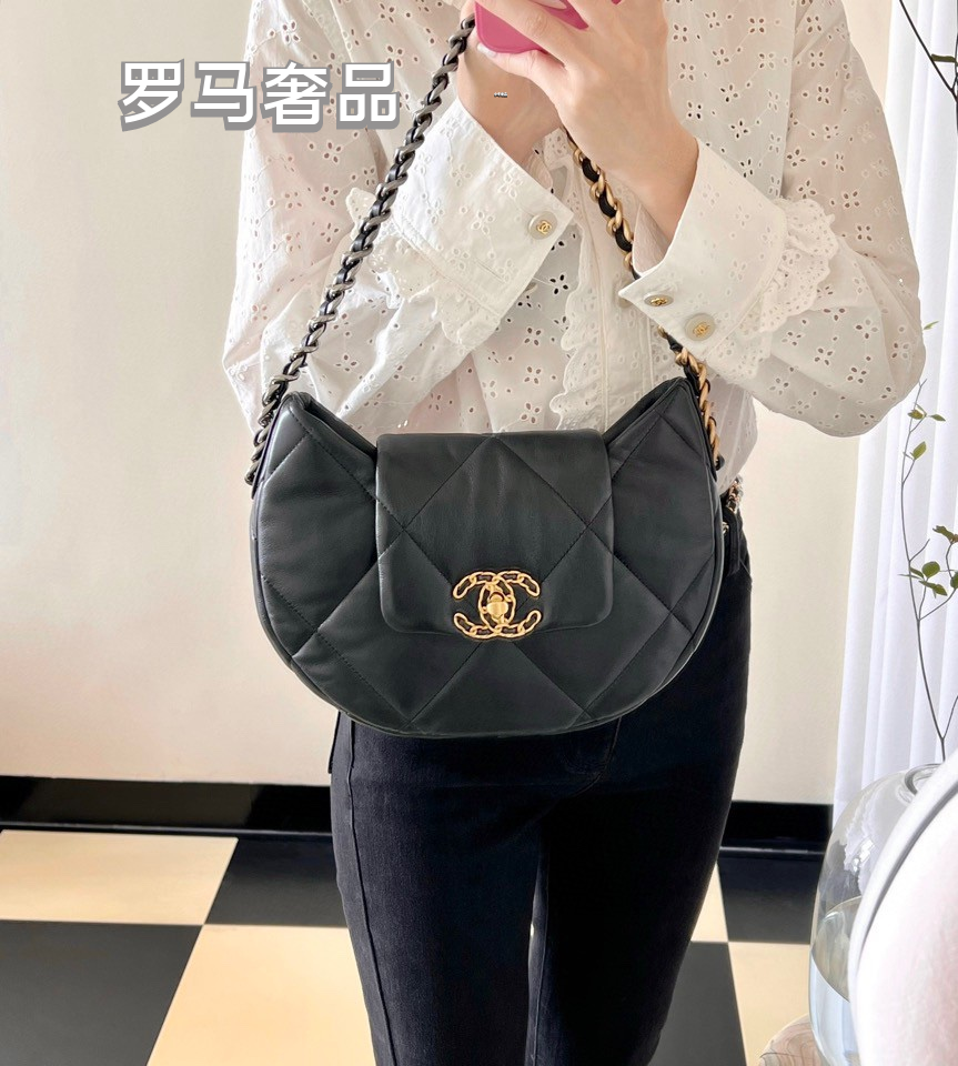 Chanel 19 Large Hobo Bag - Black Quilted Lambskin Leather with Gold-Tone Hardware