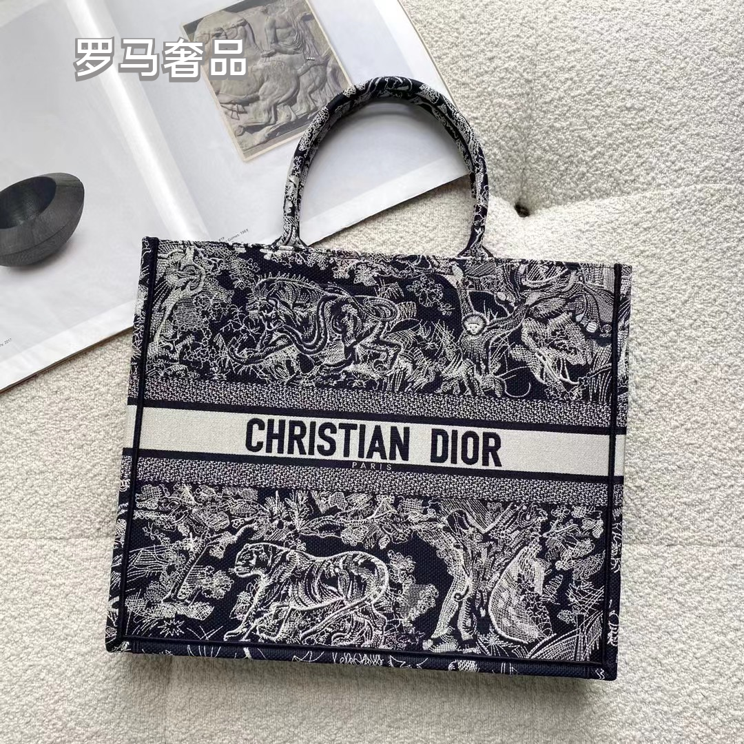 Christian Dior Book Tote Toile de Jouy Embroidery Bag - Black and White