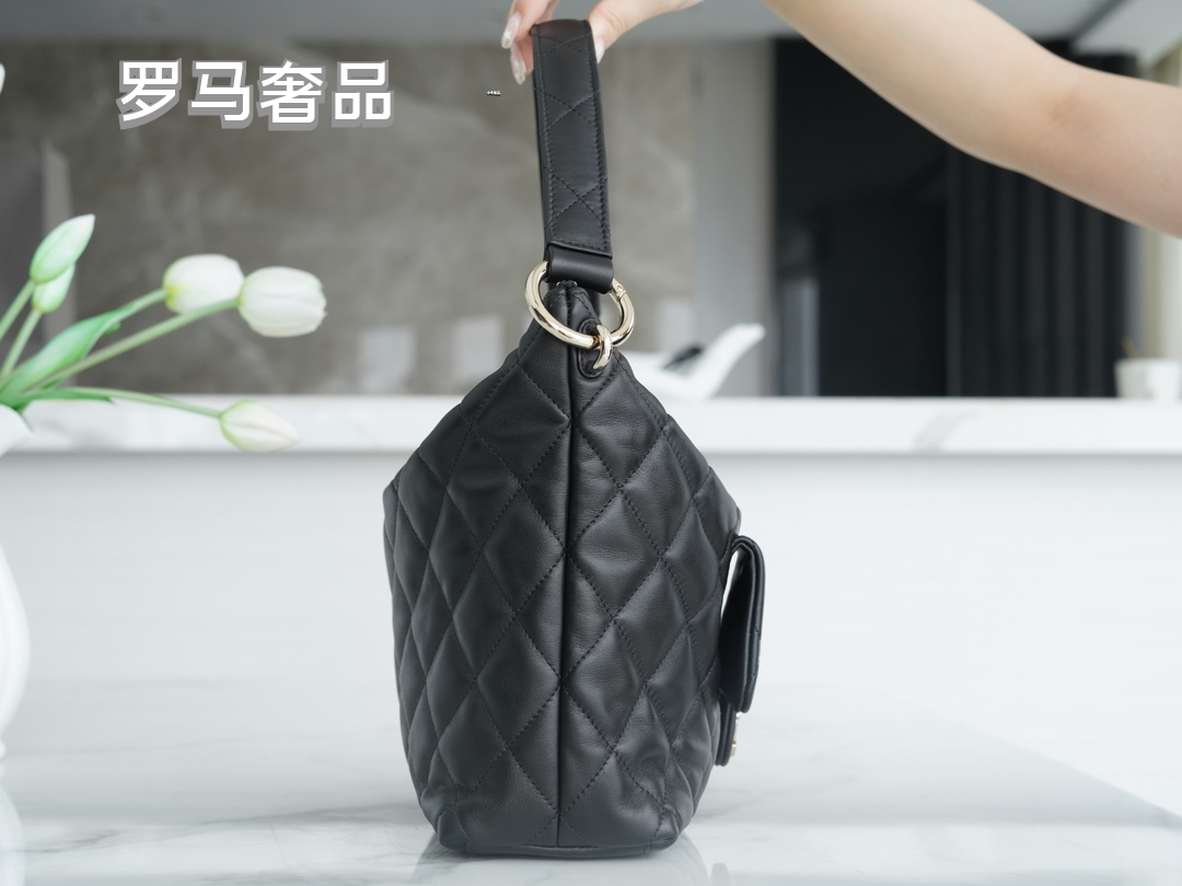 Chanel Black Quilted Lambskin Leather Hobo Bag with Front CC Logo Pocket