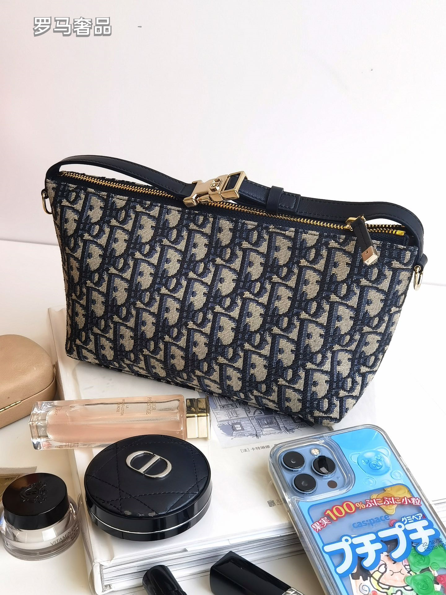 Vintage Inspired Monogram Canvas Shoulder Bag with Adjustable Strap - Navy Blue & Grey