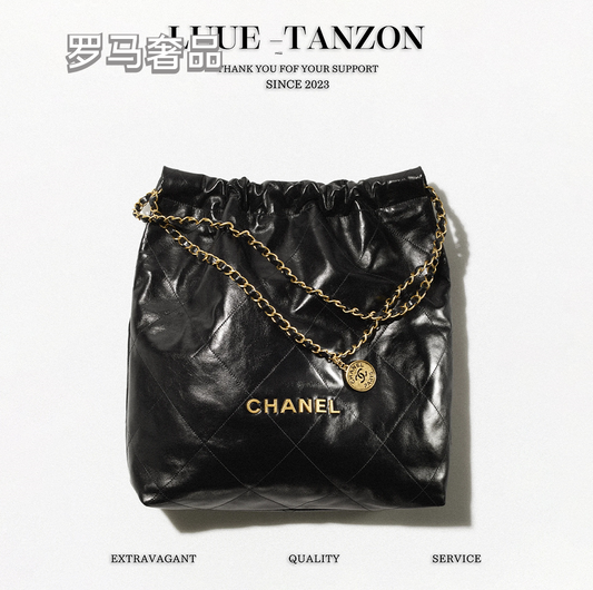 Chanel 22 Handbag - Shiny Calfskin Quilted Leather with Gold-Tone Hardware - Black