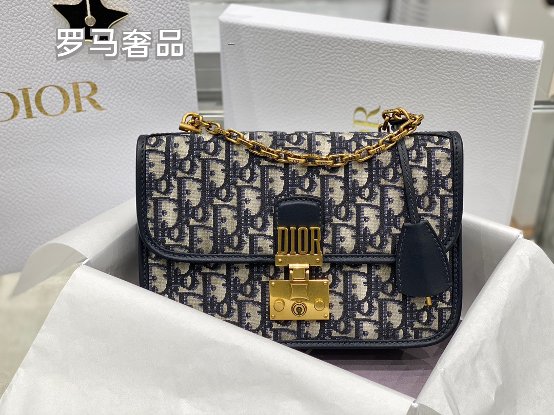 Dior Addict Flap Bag Blue Oblique Jacquard with Gold-Finish Hardware