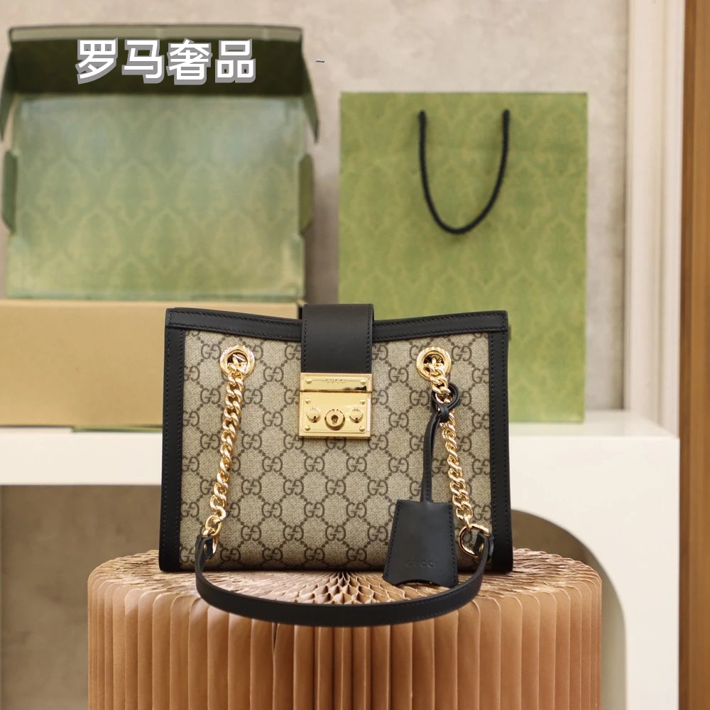 Gucci Padlock Small GG Supreme Shoulder Bag with White Leather Trim