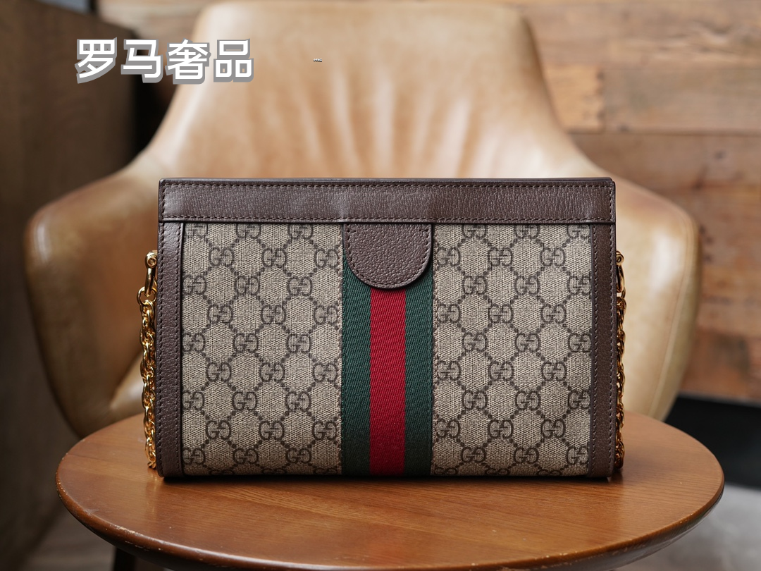 Gucci Classic Monogram Canvas Shoulder Bag with Stripe and Gold Chain