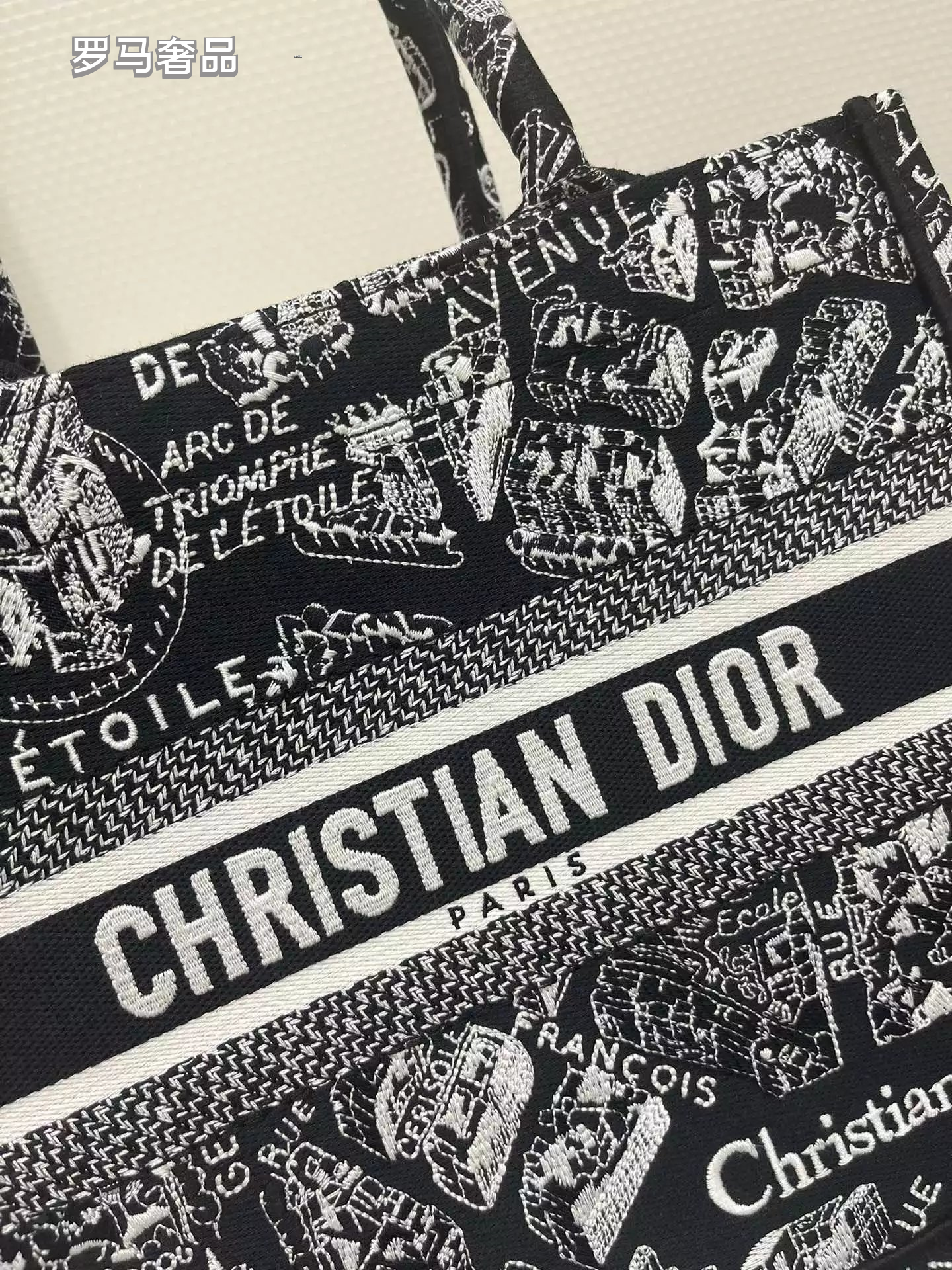 Christian Dior Plan de Paris Book Tote Bag - Black and White Embroidered Canvas