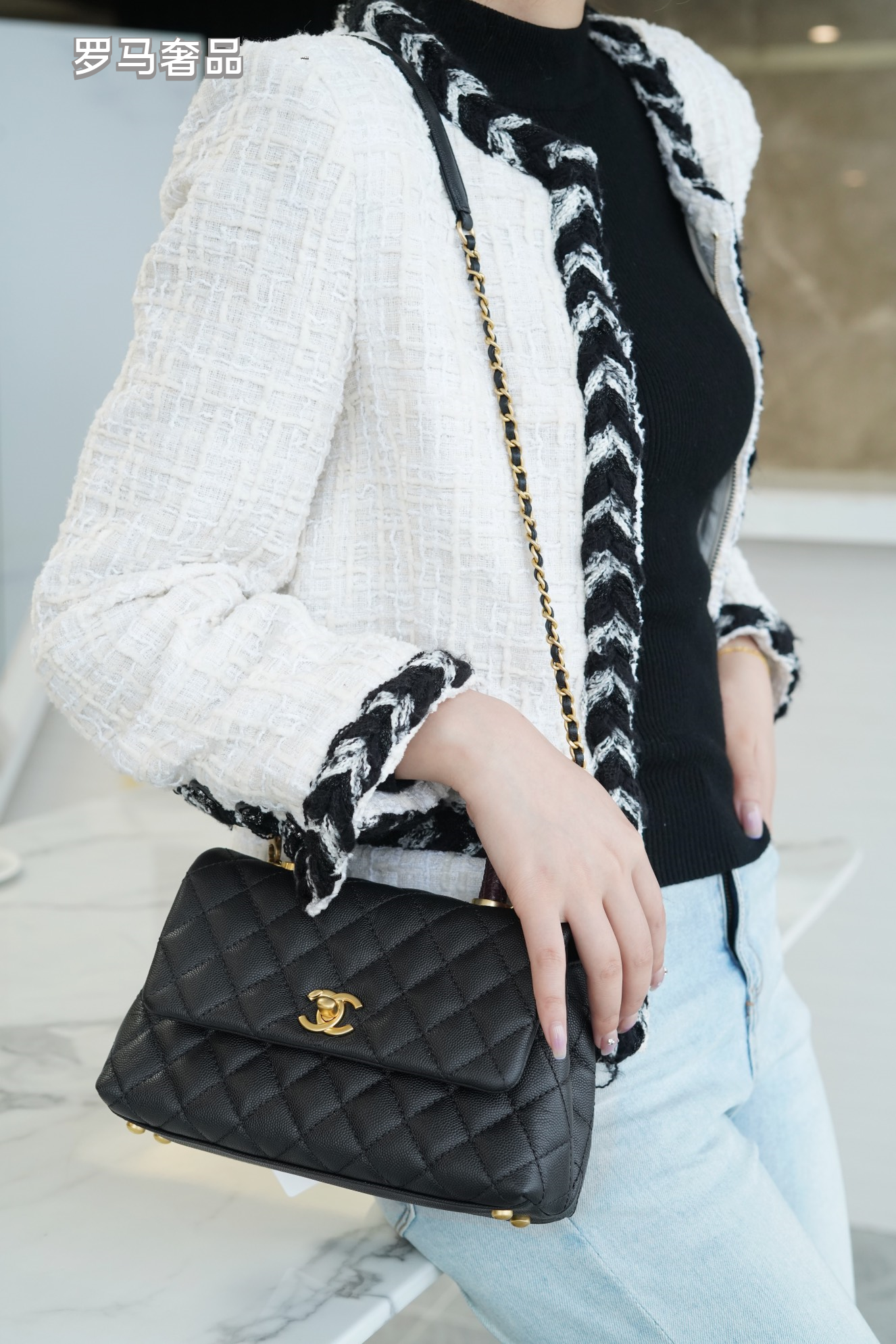 Chanel Medium Coco Handle Bag Black Quilted Caviar Leather Gold Hardware