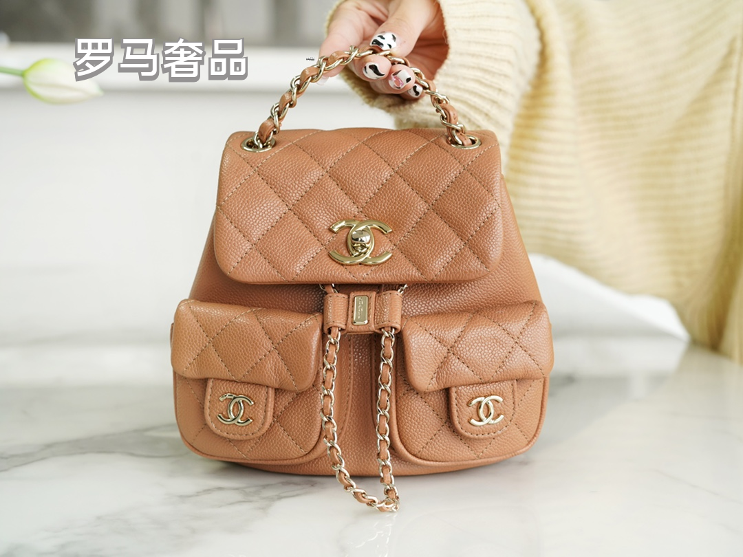 Black Quilted Leather Backpack with Gold-Tone Chain Straps