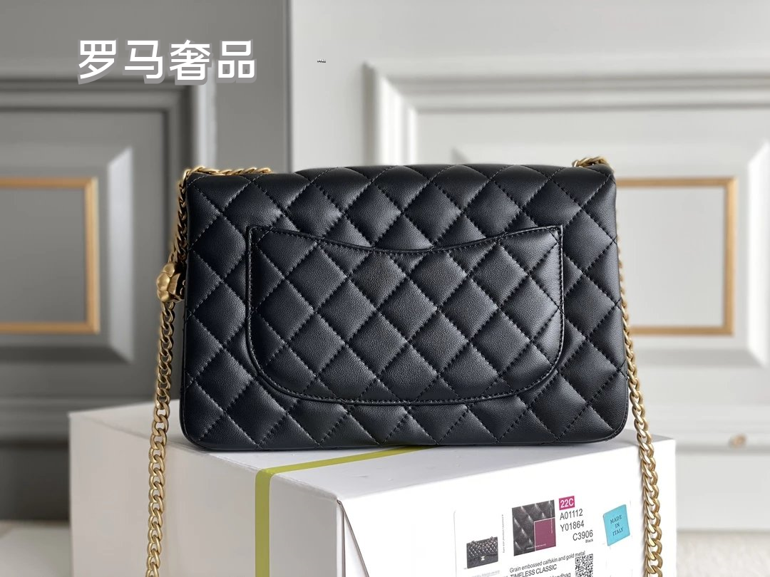 Black Quilted Leather Mini Flap Bag with Gold-Tone Chain and Camellia Charm