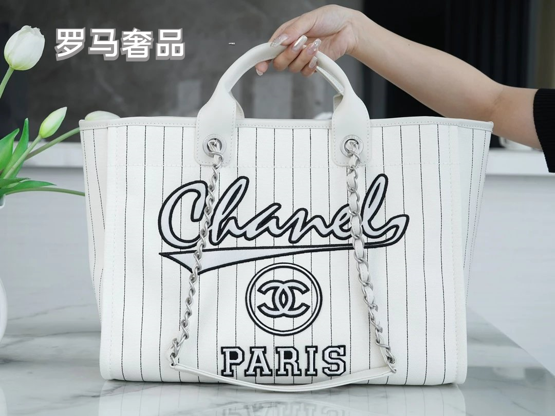 Chanel Pinstripe Deauville Canvas Tote Bag - White/Black
