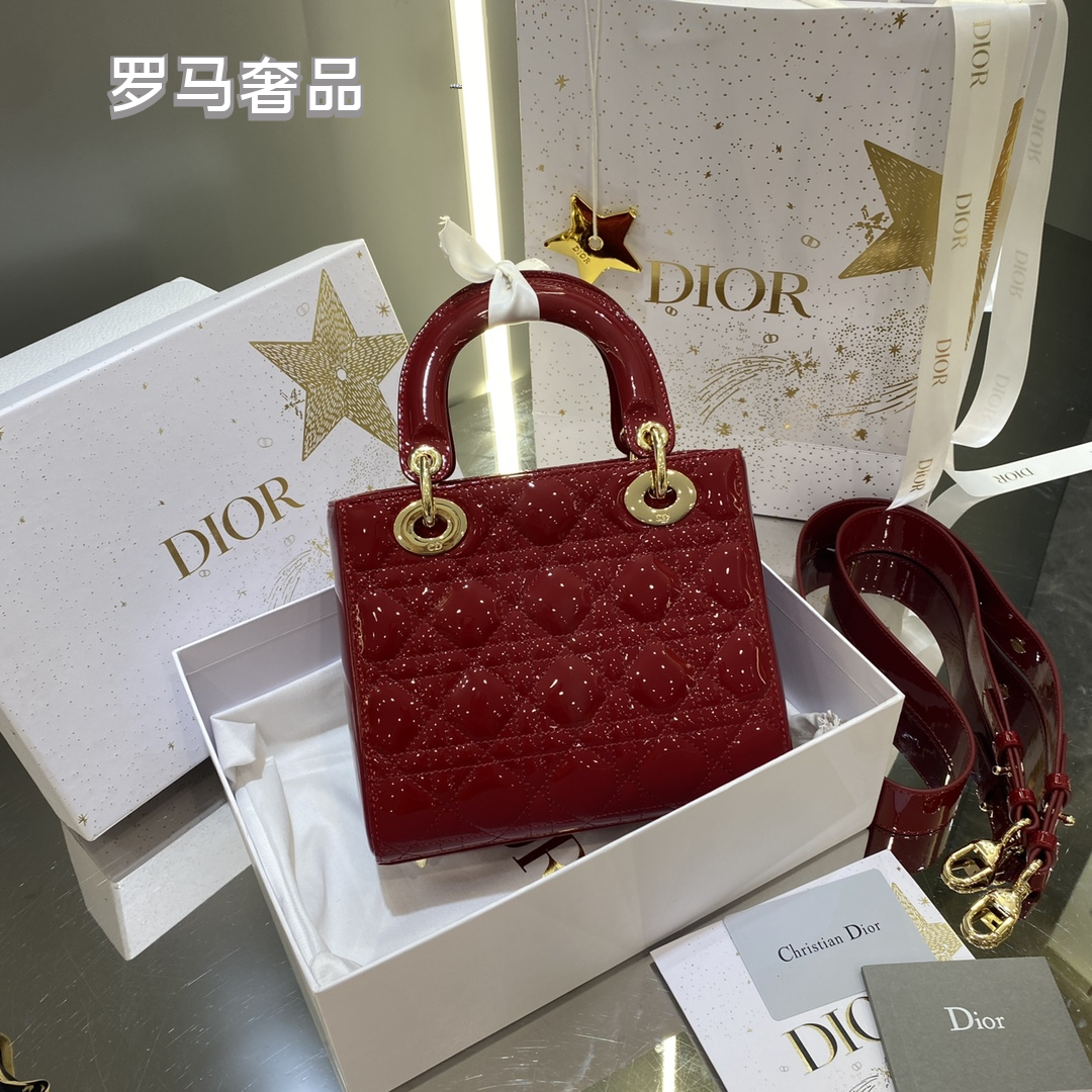 Christian Dior Micro Lady Dior Bag - Red Cannage Patent Calfskin with Gold-Finish Metal