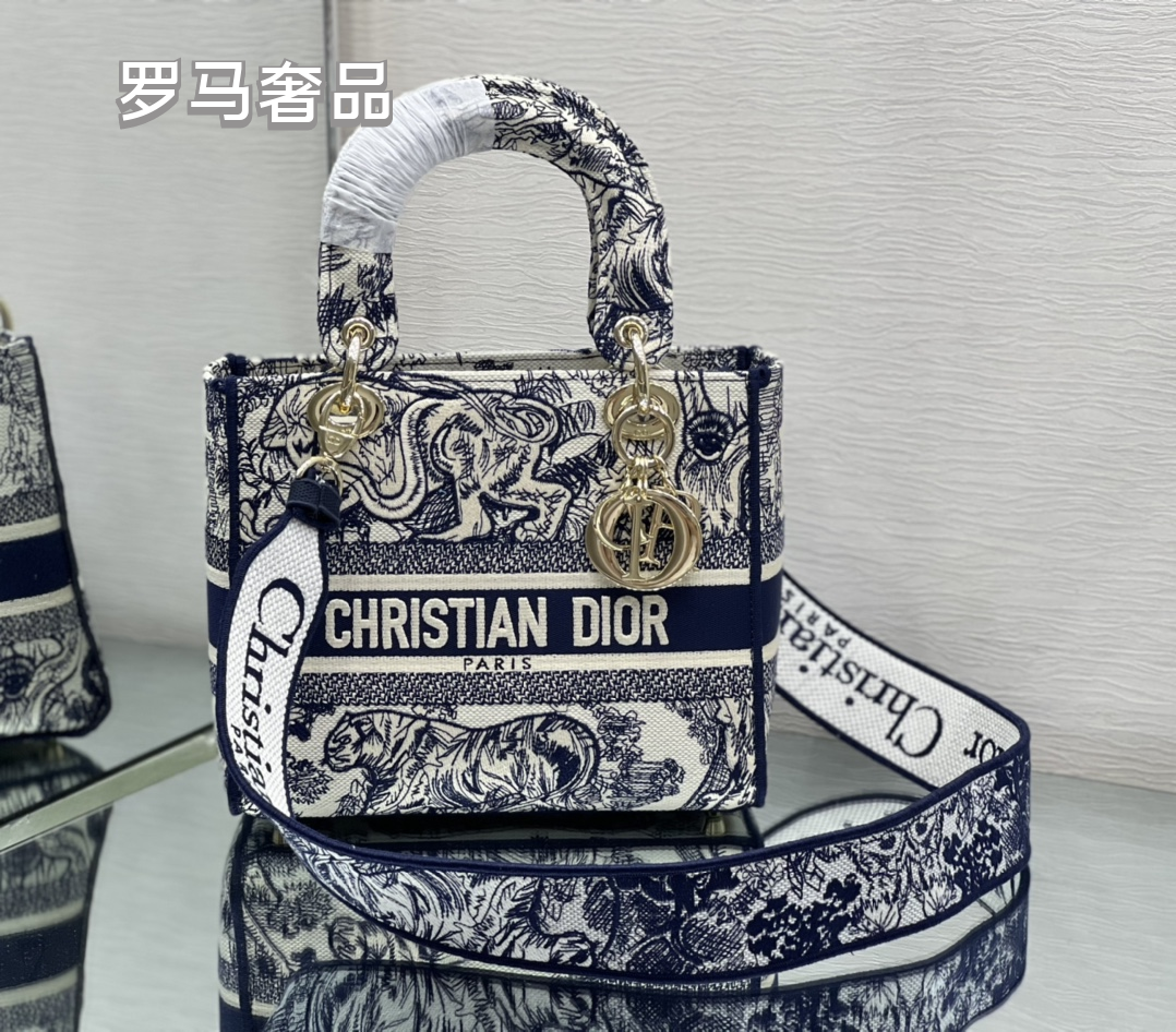 Christian Dior Lady D-Lite Medium Handbag - Grey Embroidered Toile de Jouy