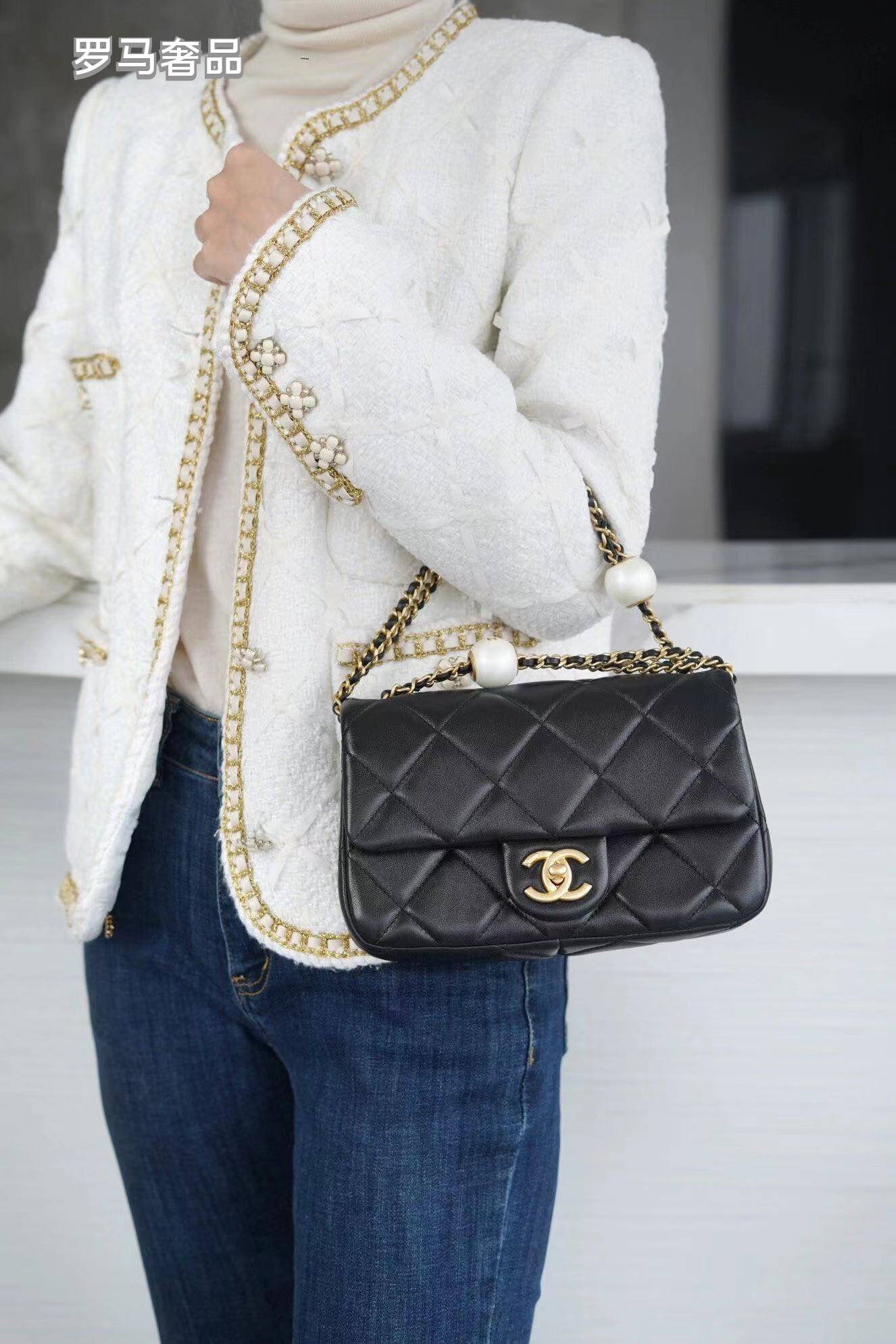 Chanel Quilted Lambskin Mini Flap Bag with Pearl Crush Chain - Black Gold Hardware