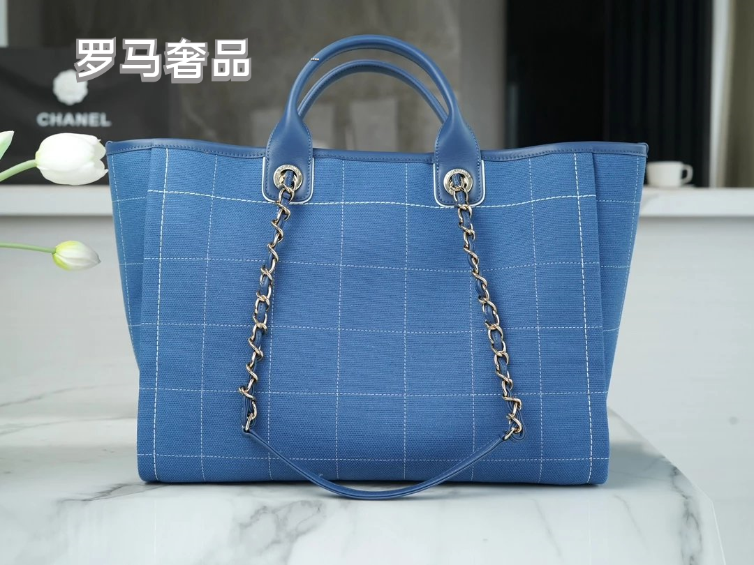 Chanel Deauville Large Tote Bag with Matching Pouch - Blue Denim Canvas