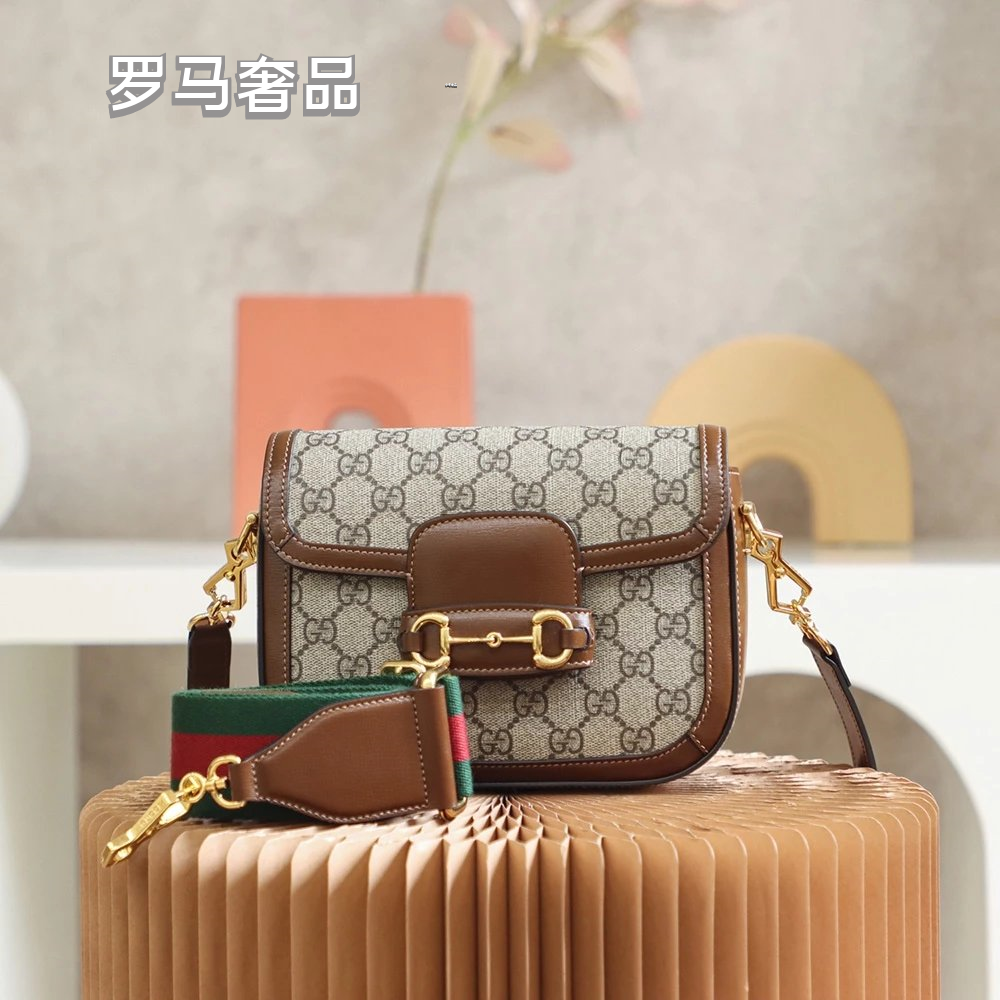 Gucci Horsebit 1955 Mini Shoulder Bag - GG Supreme Canvas &amp; Brown Leather