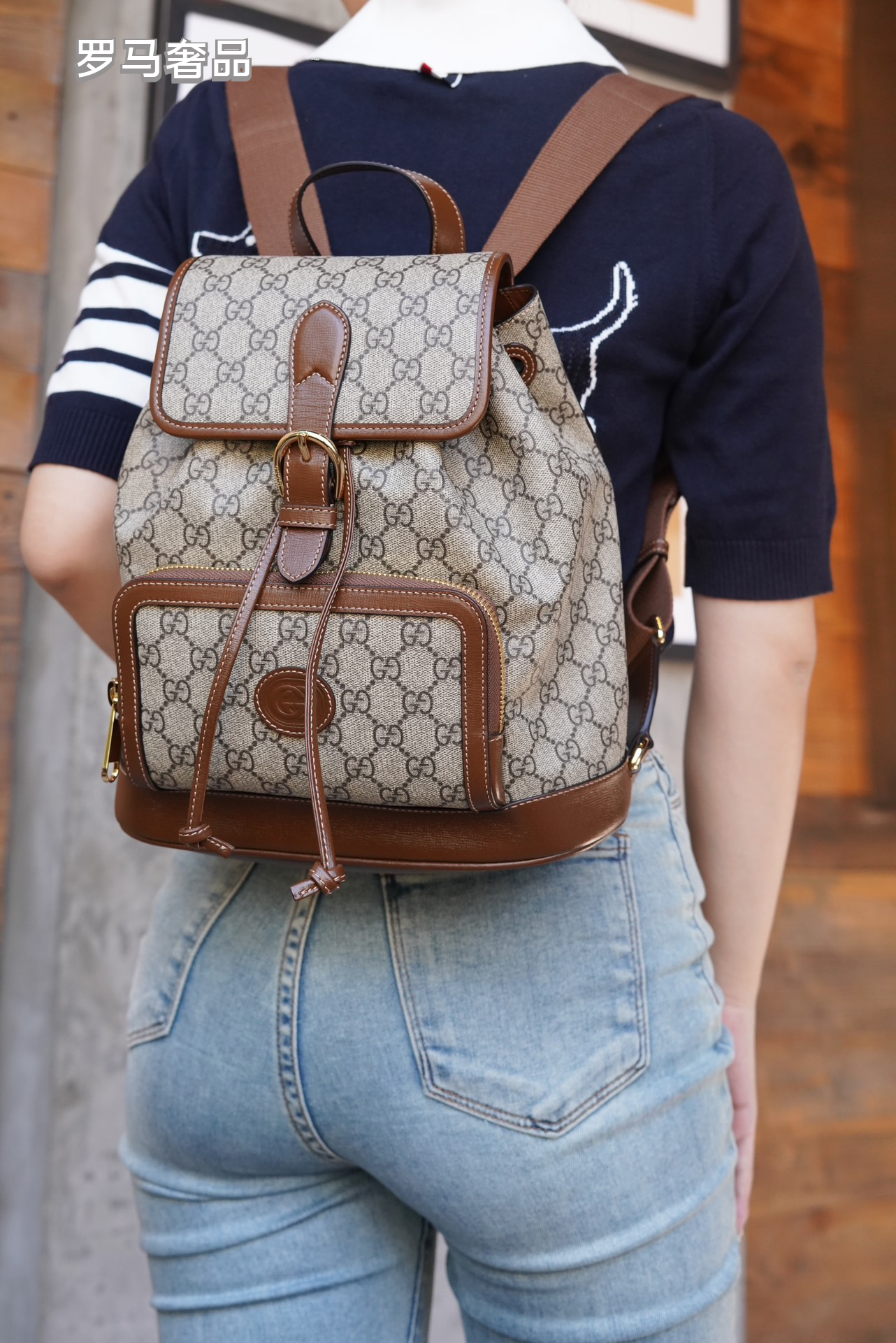 Gucci Classic Monogram Canvas Backpack with Brown Leather Trim and Drawstring