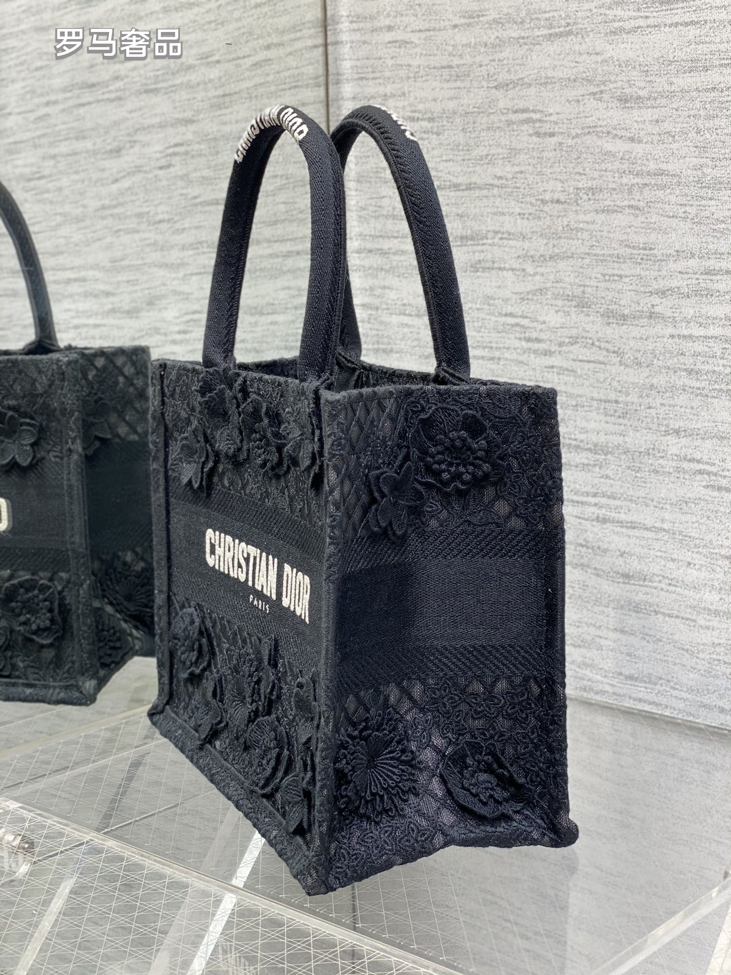 Dior Elegant White 3D Floral Lace Embroidered Canvas Tote Handbag