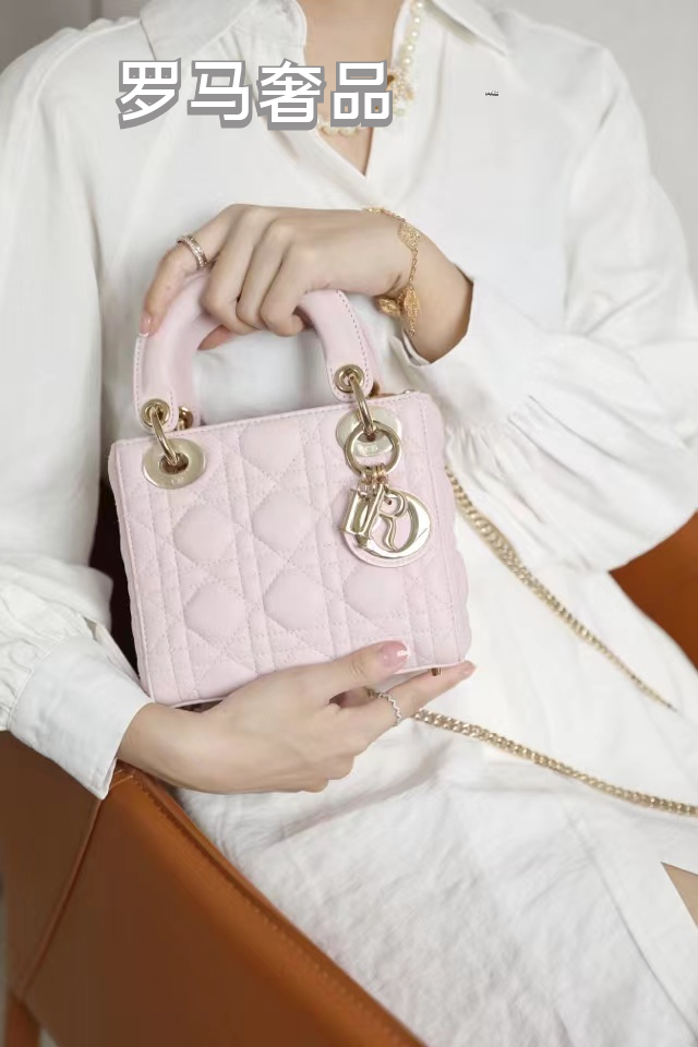 Dior Elegant Pink Heart Quilted Mini Top Handle Bag with Gold Chain