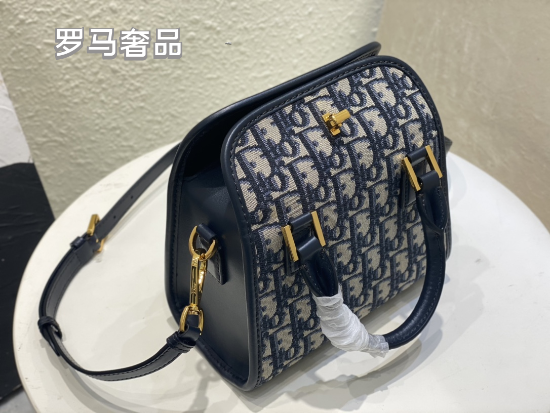 Christian Dior Blue Oblique Canvas Small Top Handle Bag