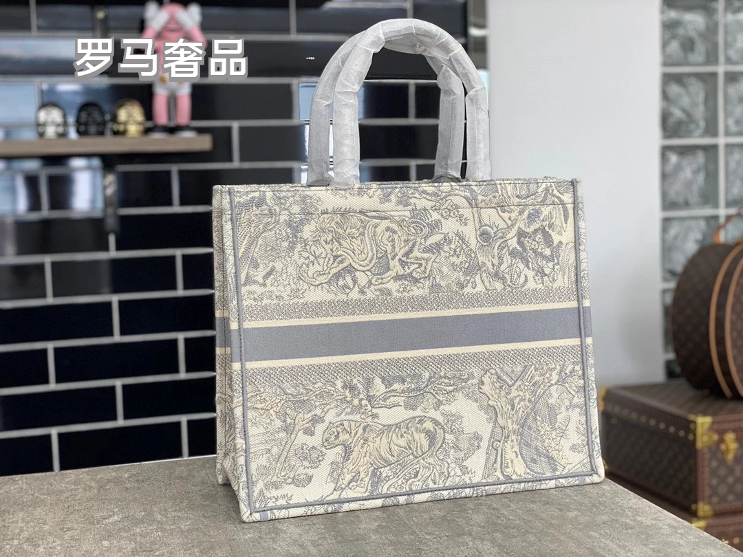 Dior Book Tote Bag Blue Toile de Jouy Embroidery