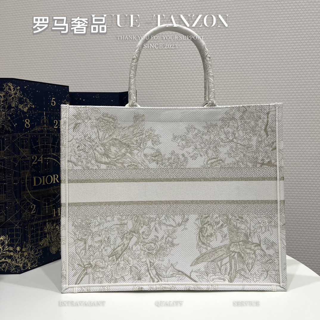 Christian Dior White and Grey Toile de Jouy Large Book Tote Bag