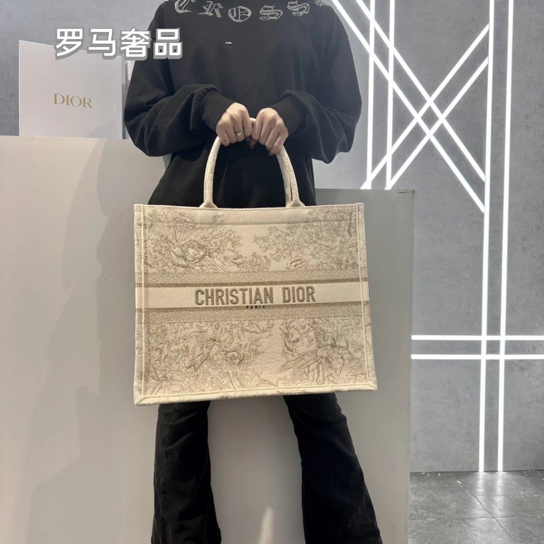 Christian Dior Book Tote Toile de Jouy Canvas Bag - Large Beige/Grey