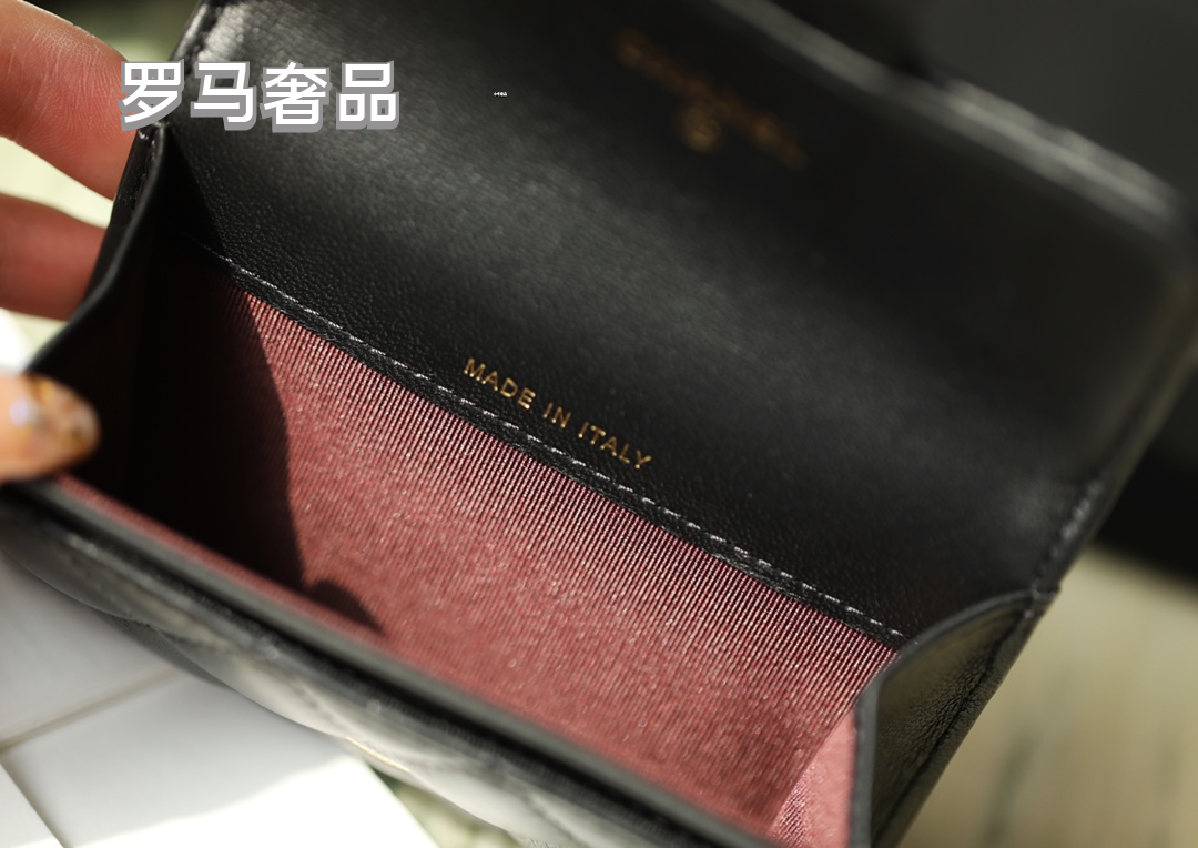 Classic Black Quilted Leather Small Flap Wallet with Gold-Tone Logo