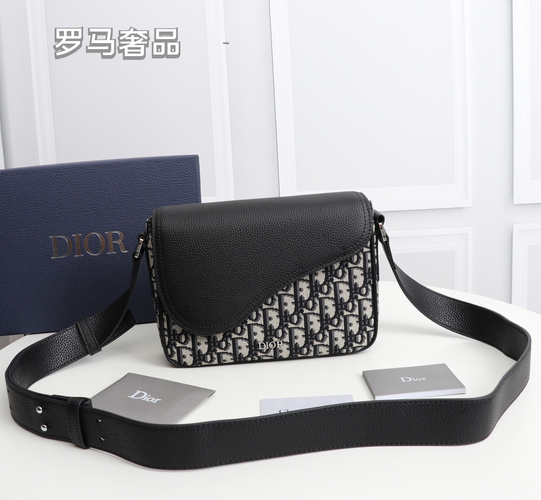 Dior Messenger Bag with Black Leather Flap and Oblique Jacquard Canvas