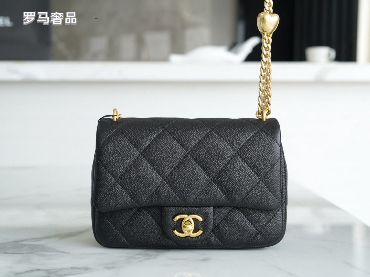 Chanel Quilted Leather Mini Flap Bag with Gold Heart Charm Chain - Black