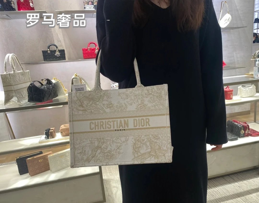 Christian Dior Book Tote Toile de Jouy Canvas Bag - Large Beige/Grey