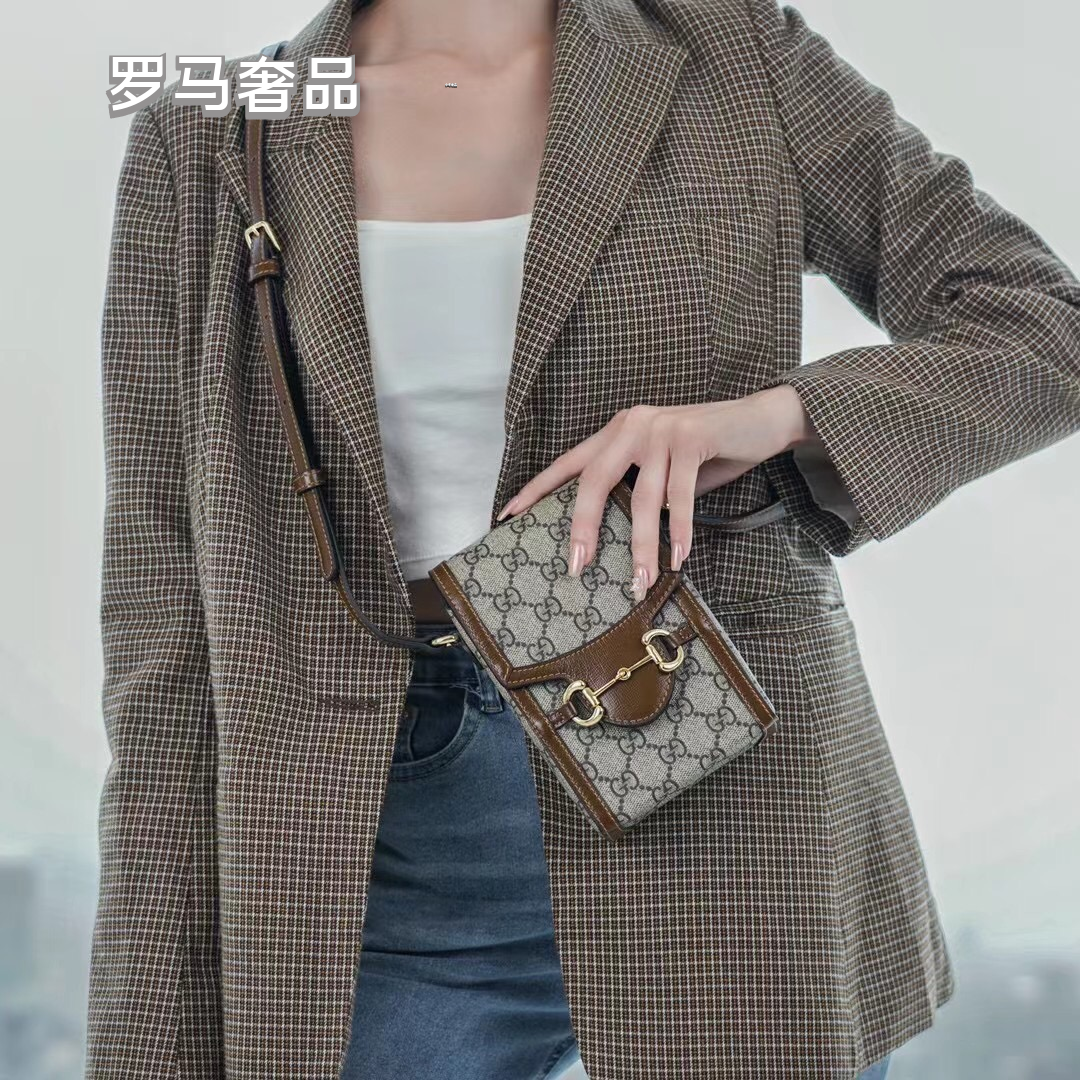 Gucci Vintage Monogram Canvas Mini Crossbody Phone Bag with Gold Horsebit
