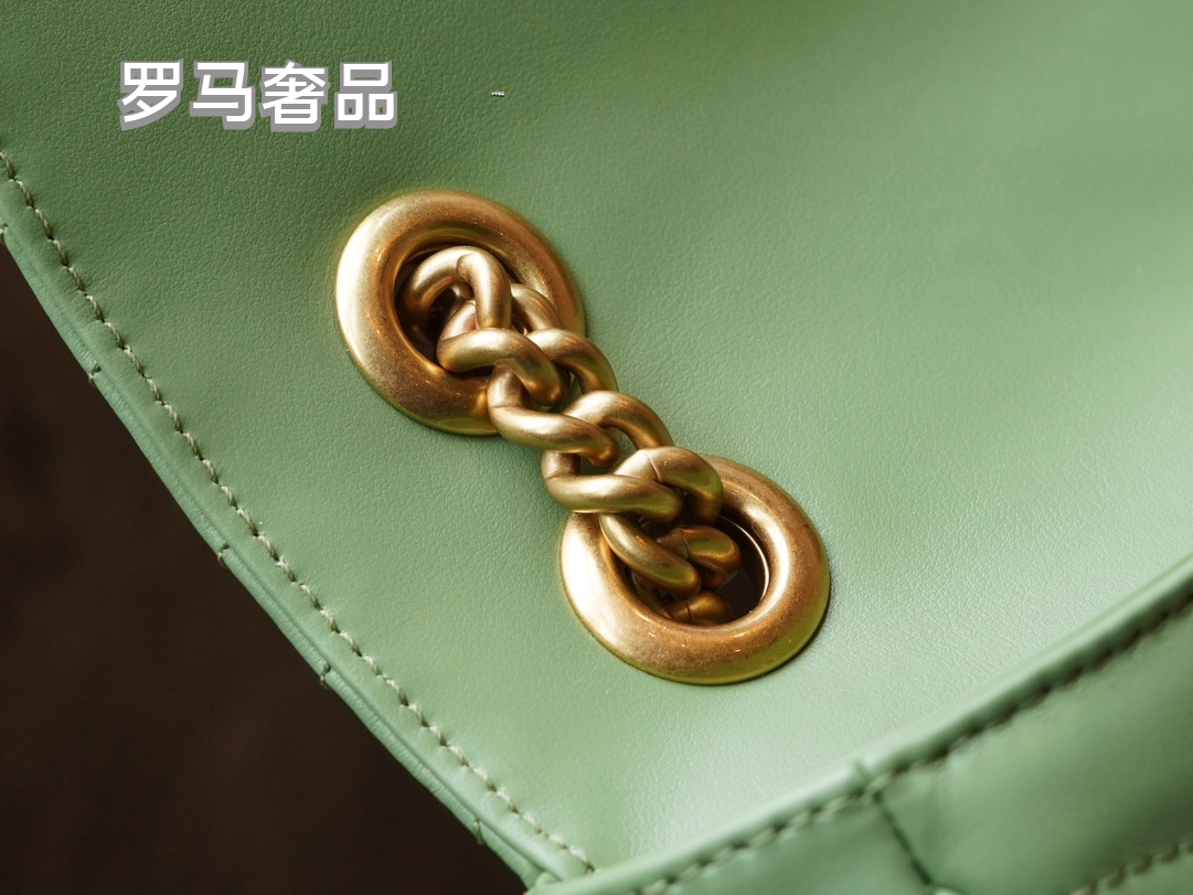 Gucci Sage Green Quilted Chevron Leather Shoulder Bag with Gold Chain