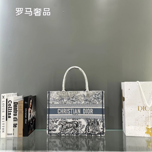 Christian Dior Grey Toile de Jouy Embroidered Canvas Medium Book Tote Bag