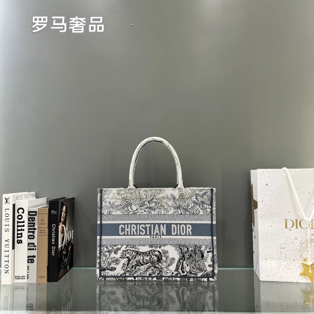 Dior Vintage Grey Toile de Jouy Canvas Tote Bag with Top Handles