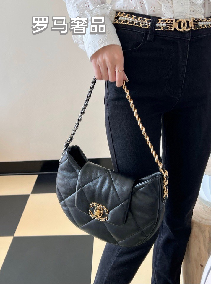 Chanel 19 Large Hobo Bag - Black Quilted Lambskin Leather with Gold-Tone Hardware