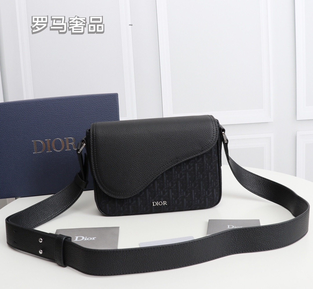 Dior Messenger Bag with Black Leather Flap and Oblique Jacquard Canvas