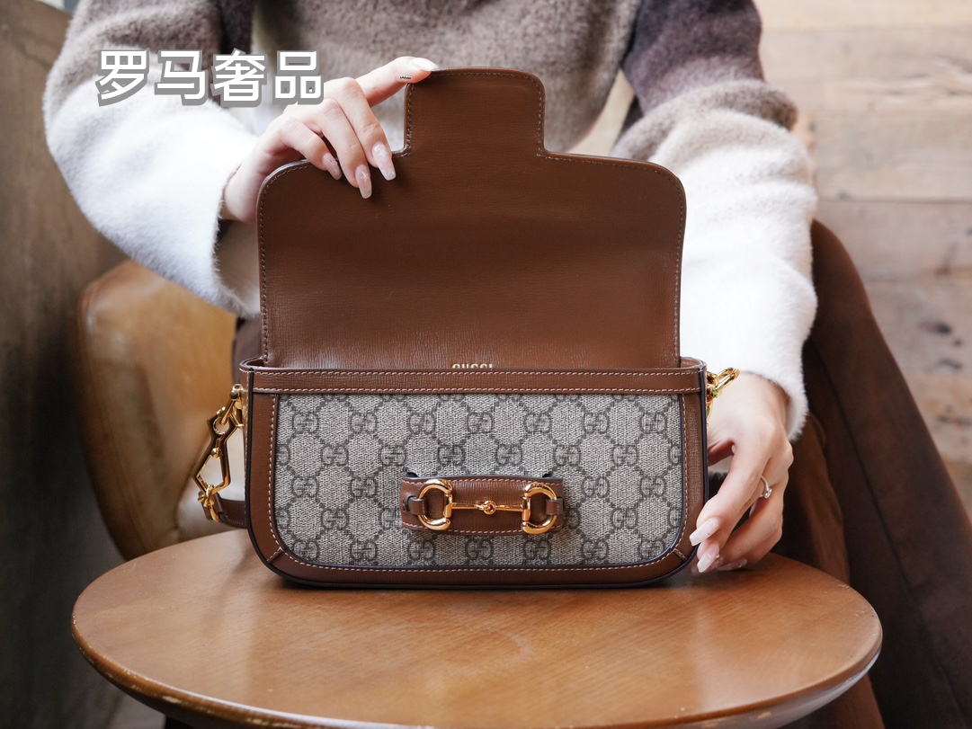 Gucci Horsebit 1955 Mini Shoulder Bag in GG Supreme Canvas with Brown Leather Trim